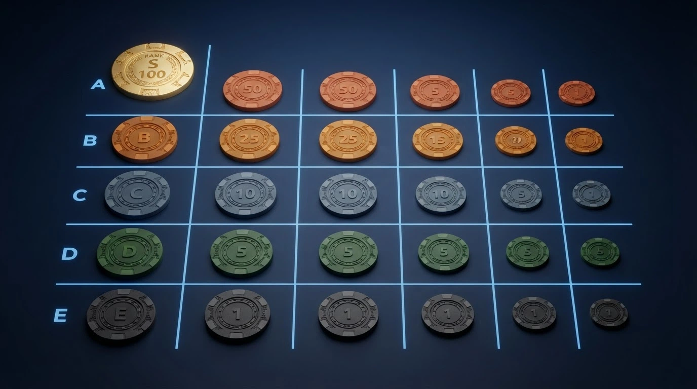 Une grille comparative stylisée affichant les logos des casinos XRP classés, avec des lignes de comparaison croisant bonus, licence et catalogue de jeux