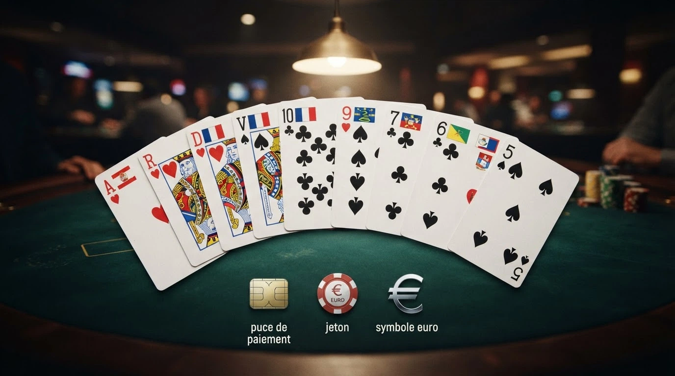 Dix cartes de casino disposées en éventail, chacune portant un drapeau de licence différent (français pour ANJ, curacien pour offshore), avec des icônes de méthodes de paiement en dessous