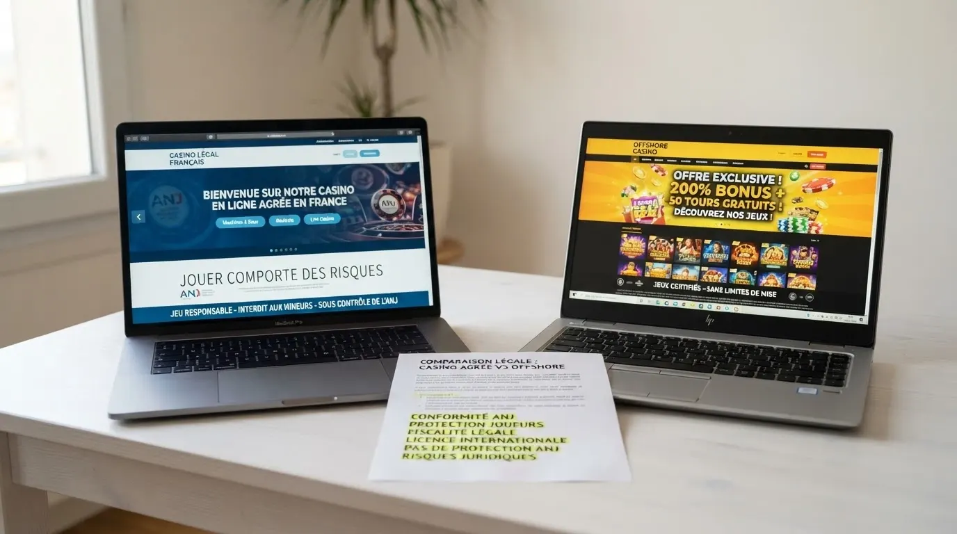 Écran partagé montrant côte à côte l'interface d'un casino agréé CJH et celle d'un casino offshore, avec les mentions légales mises en évidence