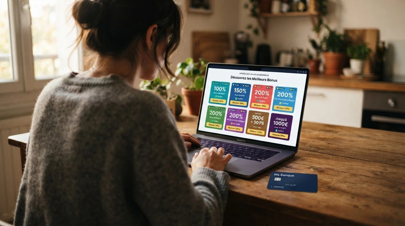 Une grille comparative simplifiée avec des noms de casino, des pourcentages de bonus et des icônes de licence, affichée sur une tablette