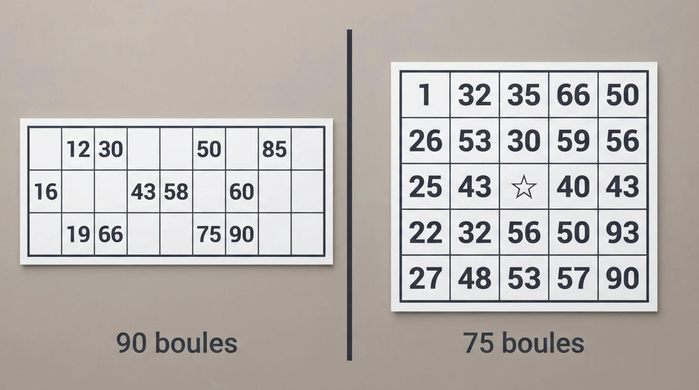 Deux grilles de bingo côte à côte : à gauche une grille 90 boules au format 3×9, à droite une grille 75 boules au format 5×5