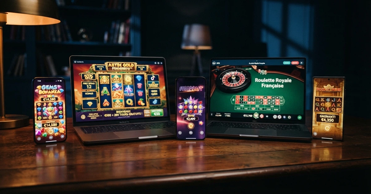 Cinq écrans de casinos en ligne affichant leurs bonus de bienvenue et leurs catalogues de jeux, disposés côte à côte dans une grille de comparaison