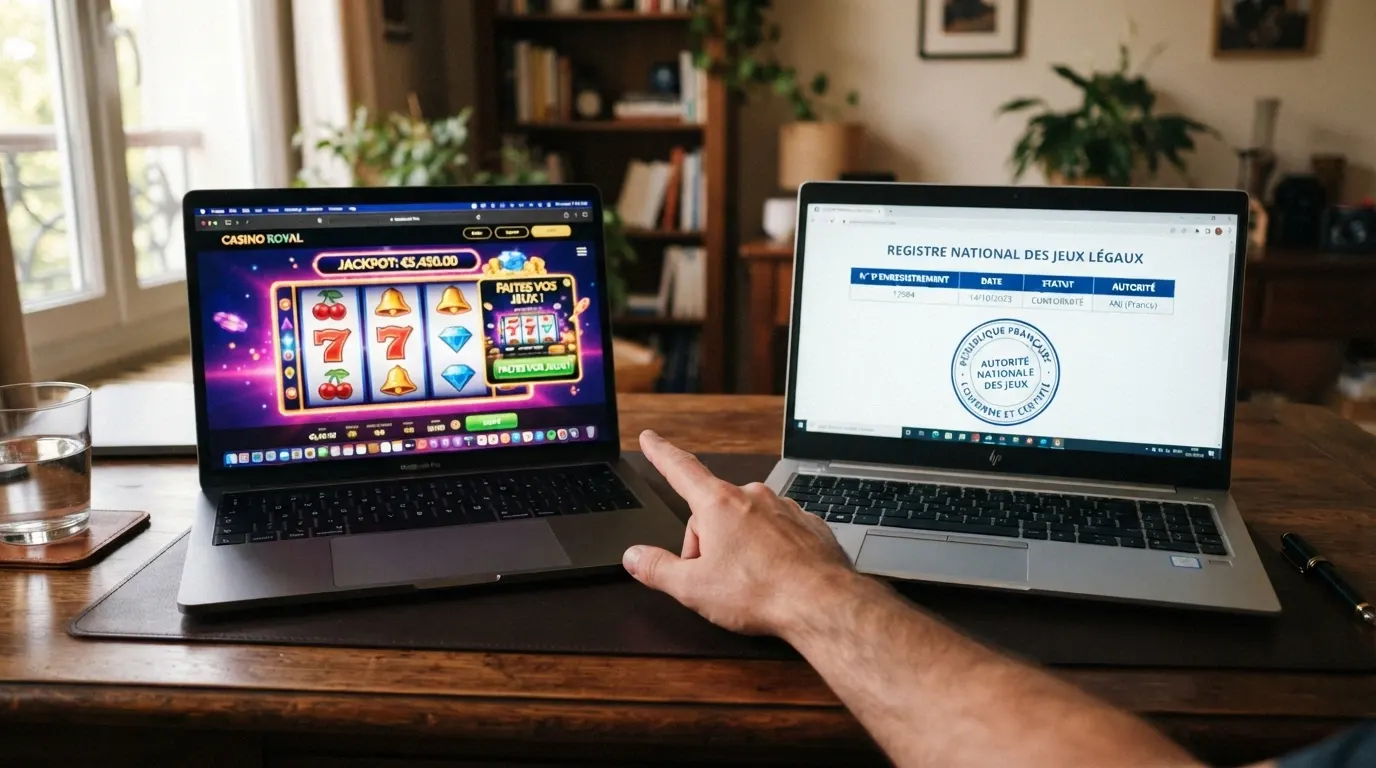 Écran partagé entre l'interface d'un casino en ligne et le site officiel de l'ANJ affichant le registre des agréments, symbolisant le choix entre offshore et légal