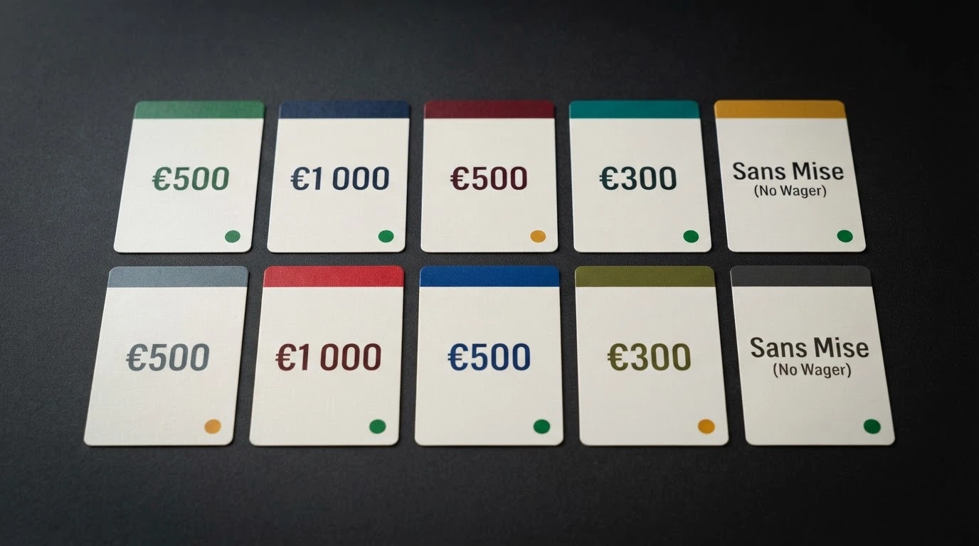 Dix cartes de casino disposées en grille, chacune avec son drapeau de licence, son bonus phare en euros et une pastille de vérification verte ou orange.