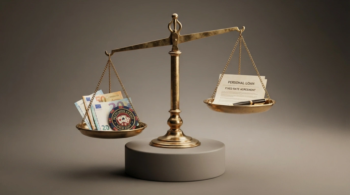 Une balance à plateaux symbolisant la comparaison : d'un côté un crédit renouvelable (taux élevé, flexible), de l'autre un prêt personnel (taux fixe, moins cher)