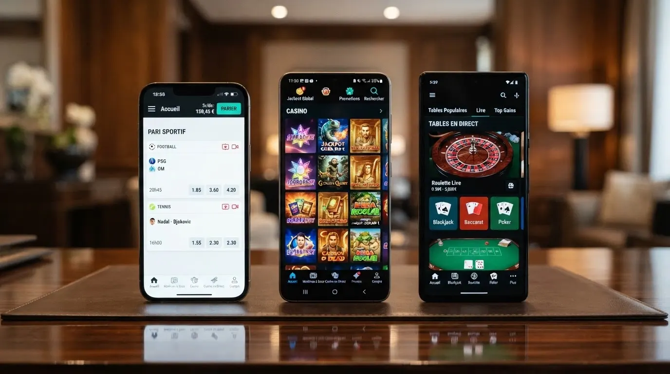 Trois écrans de smartphones alignés verticalement, chacun affichant le lobby d'un opérateur différent (un agréé ANJ, deux offshore), les différences d'interface et de catalogue visibles au premier coup d'œil