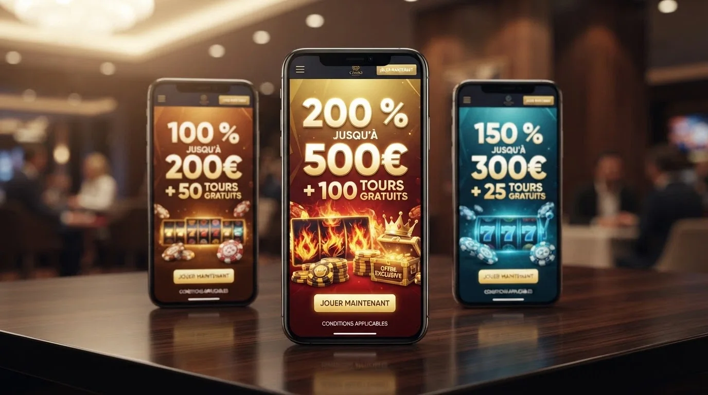 Plusieurs écrans de casinos en ligne affichant leurs offres de bonus de bienvenue côte à côte