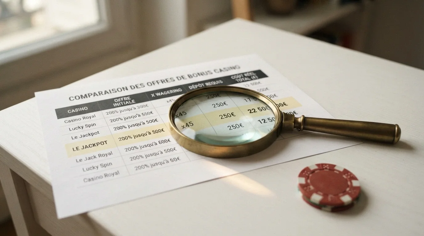 Un tableau comparatif simplifié montrant des colonnes de chiffres — pourcentages, multiplicateurs, montants — avec une loupe qui grossit la ligne « wagering »