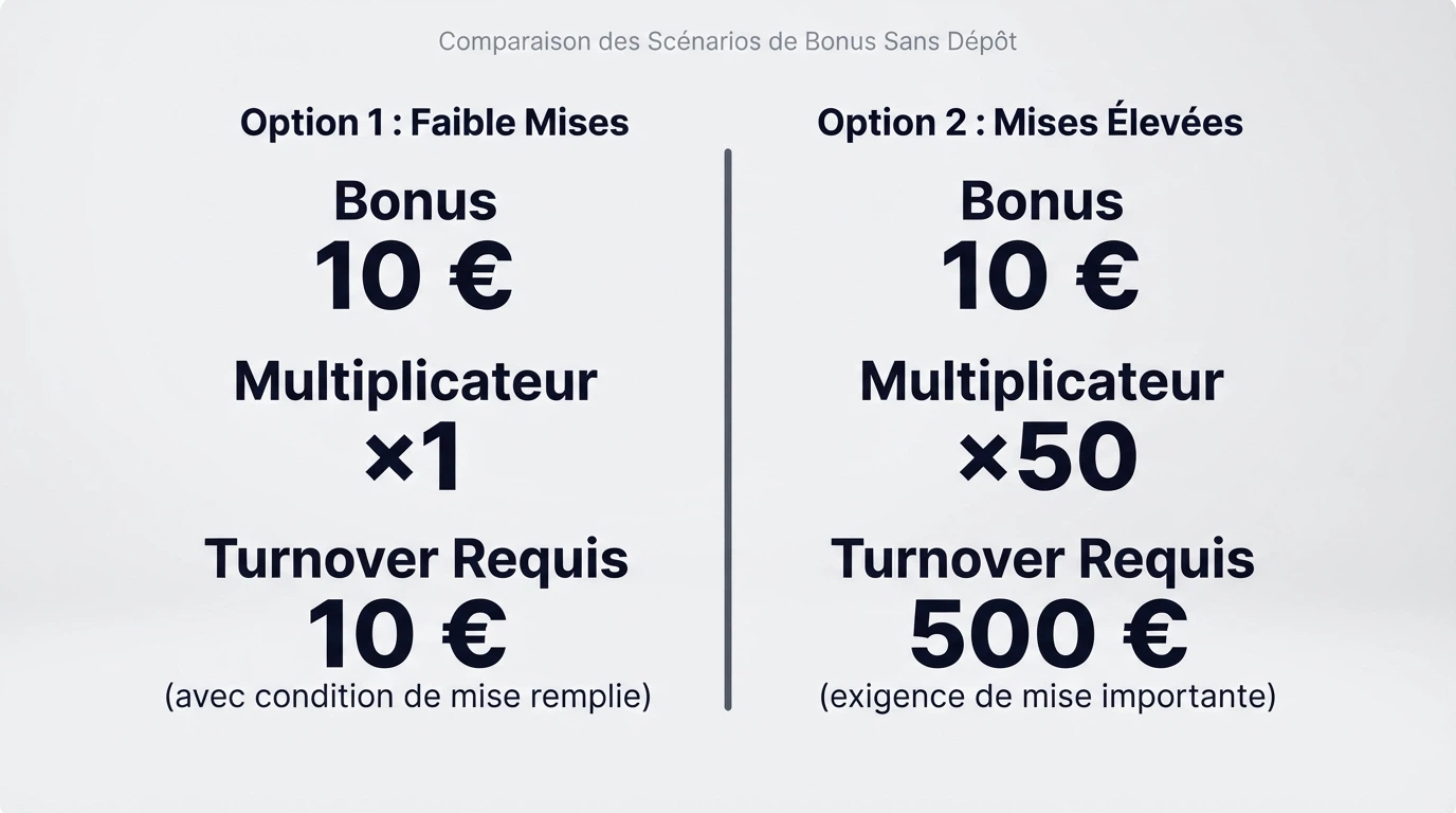 Deux colonnes comparant une offre sans dépôt avec wager x1 et une autre avec wager x50, chaque colonne montrant le montant du bonus, le multiplicateur et le turnover requis