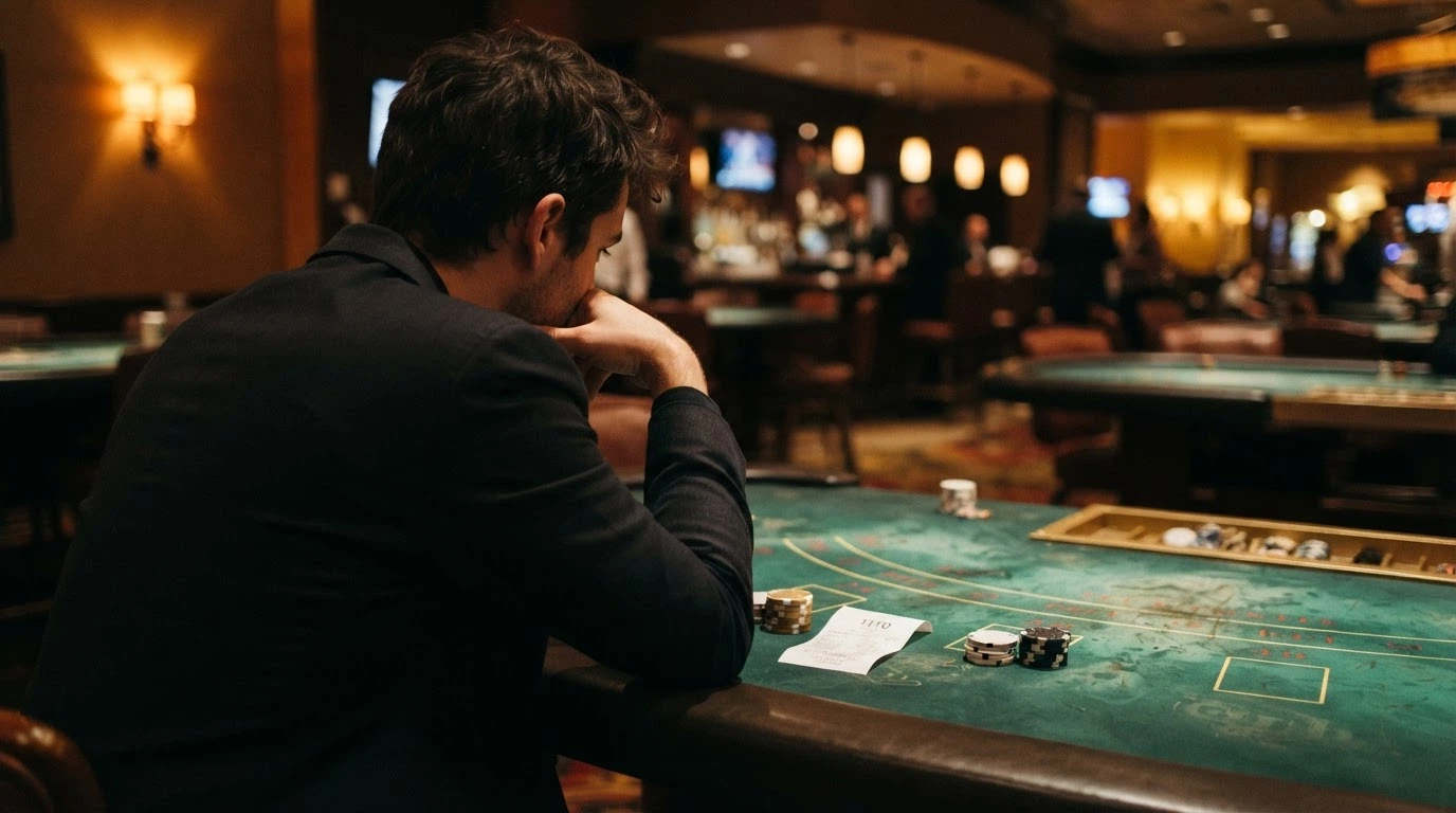 Un joueur assis à une table de casino, réfléchissant, un ticket de caisse et une carte d'identité posés devant lui