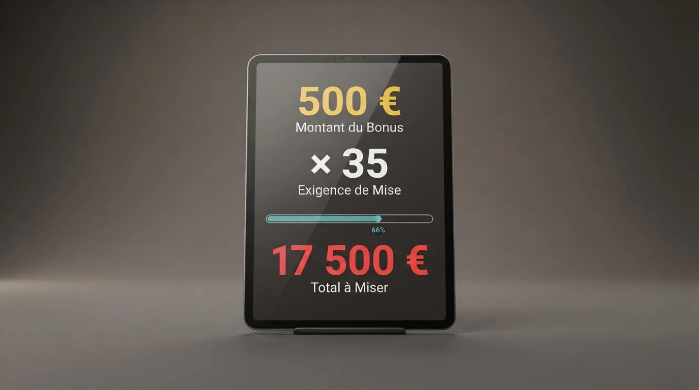 Un écran affichant les conditions d'un bonus de casino en ligne avec le montant du bonus, le coefficient de wagering et la mise maximum autorisée