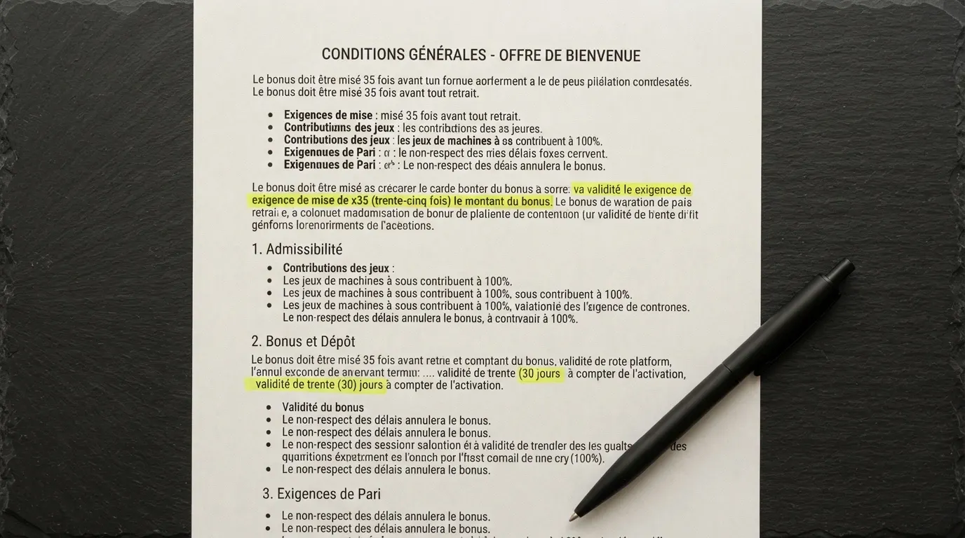 Capture d'écran des conditions générales d'un bonus de bienvenue avec le multiplicateur de wagering et la date de validité mis en évidence