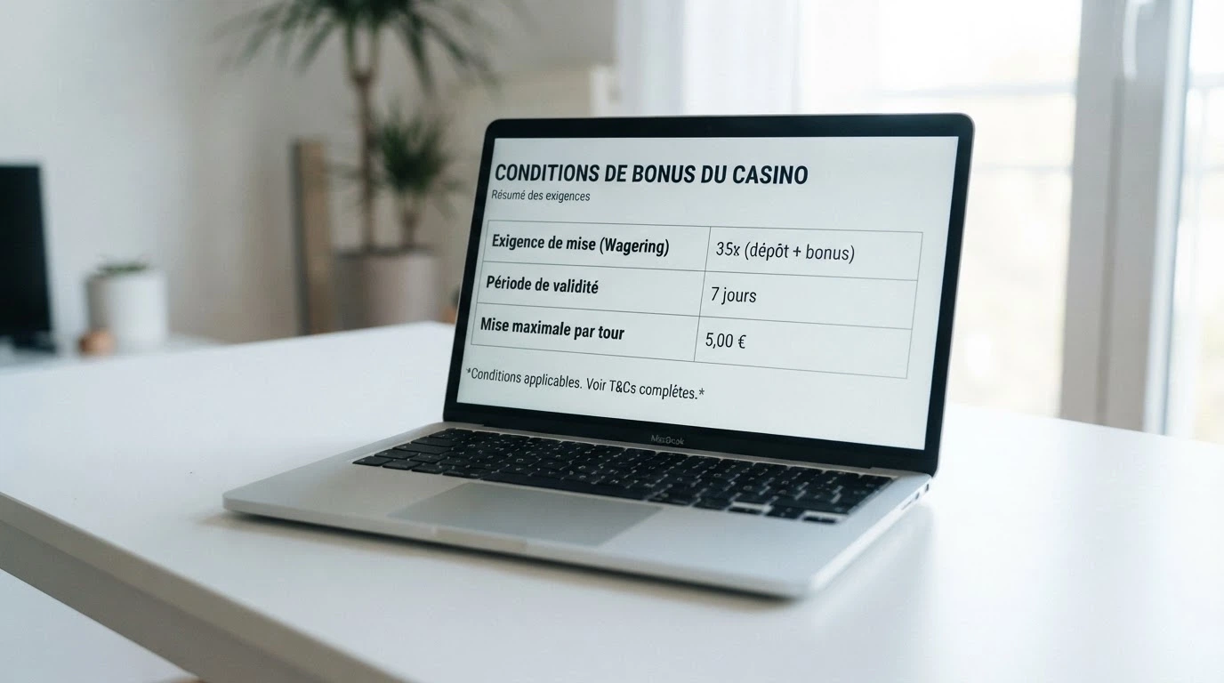 Capture d'écran d'une page de conditions de bonus de casino affichant le tableau des exigences de mise, la période de validité et le plafond de mise par tour