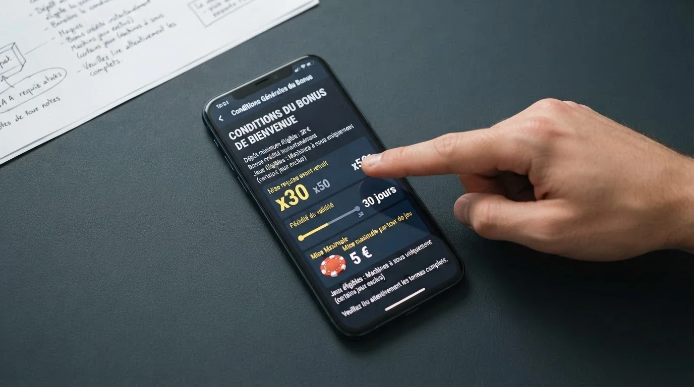 Conditions générales d'un bonus de casino en ligne affichant le multiplicateur de mise, la durée de validité et le plafond de retrait