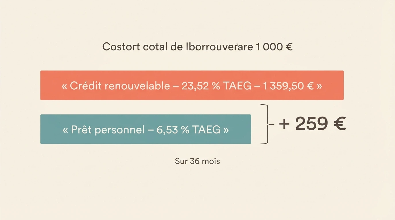Un graphique simple comparant le coût total d'un crédit de 1 000 € à 23,52 % de TAEG (crédit renouvelable) et à 6,53 % de TAEG (taux moyen du marché), avec les euros payés en plus mis en évidence