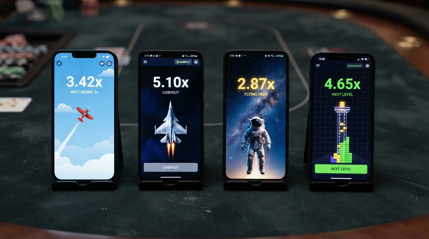 Écrans de jeu des quatre crash games Aviator, JetX, Spaceman et Tower Rush côte à côte