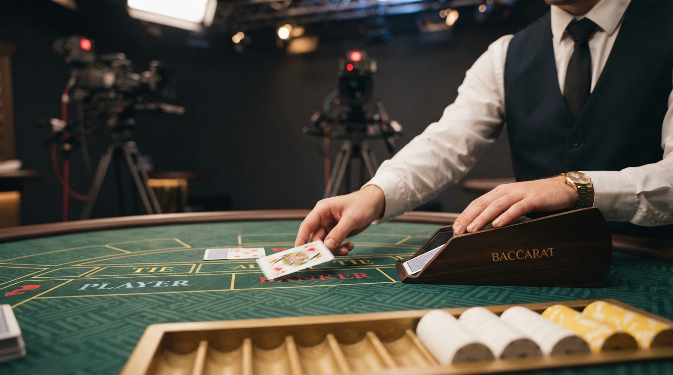 Un croupier professionnel distribuant les cartes sur une table de baccarat en direct dans un studio de casino, avec éclairage cinématographique et caméras HD