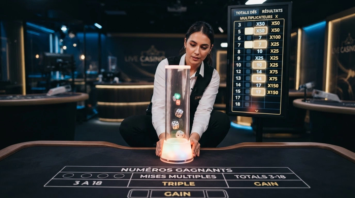 Un croupier en direct s'apprêtant à lancer trois dés dans une tour Lightning Dice, devant un écran de casino live