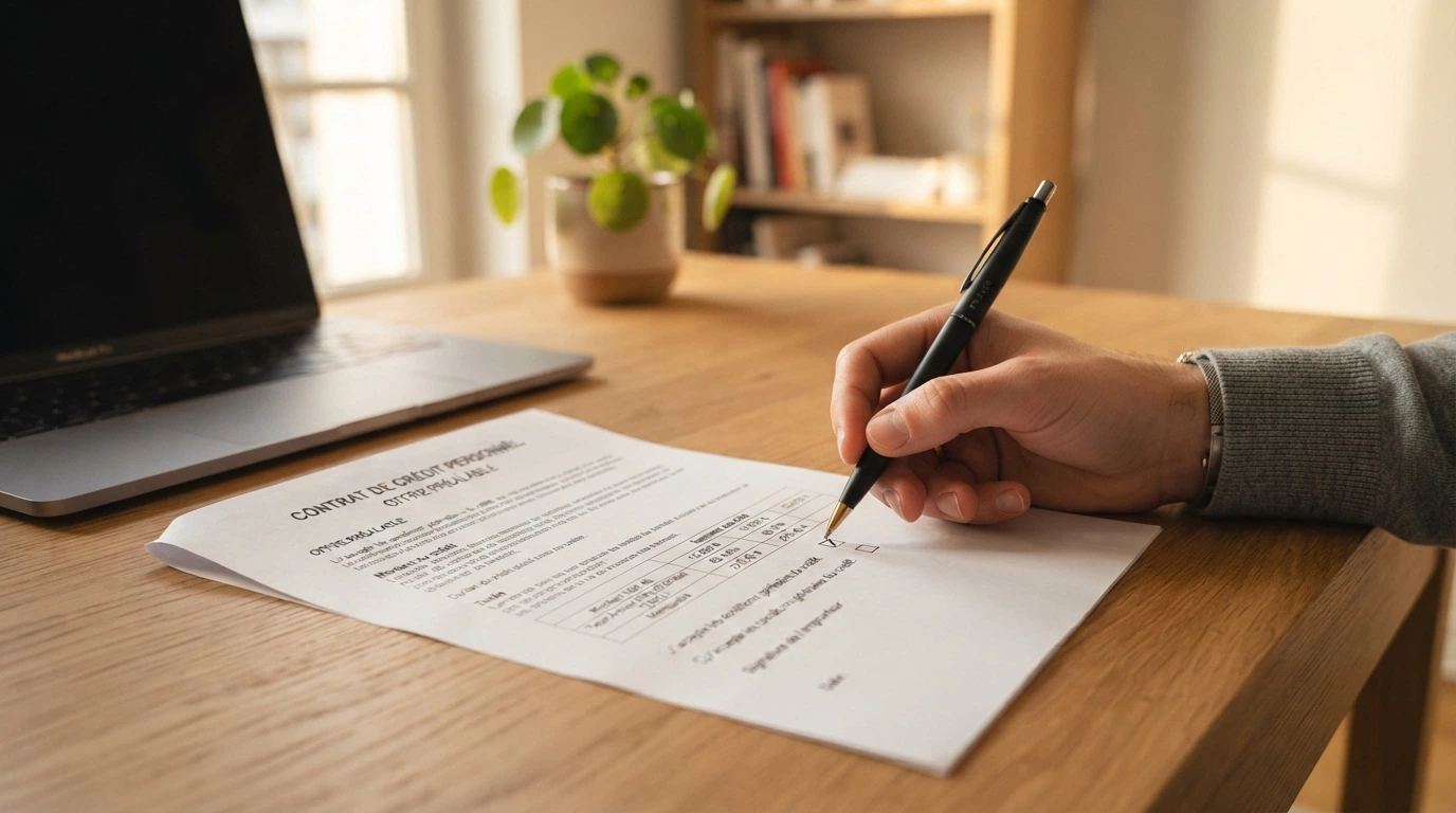 Une main tenant un stylo au-dessus d'un contrat de crédit, avec une case à cocher vide, dans un décor de bureau calme