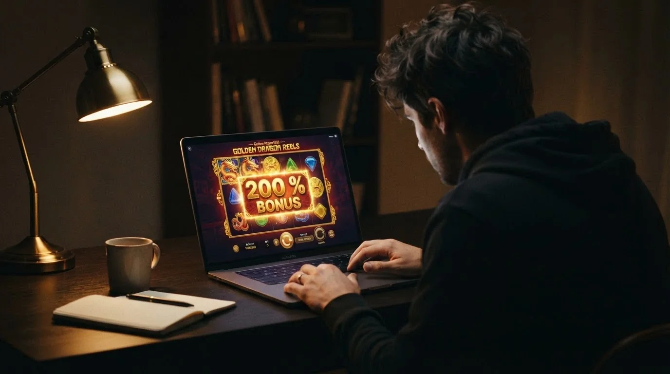 Un joueur français face à son écran, pesant le pour et le contre d'un bonus de bienvenue à 200 % sur un casino en ligne