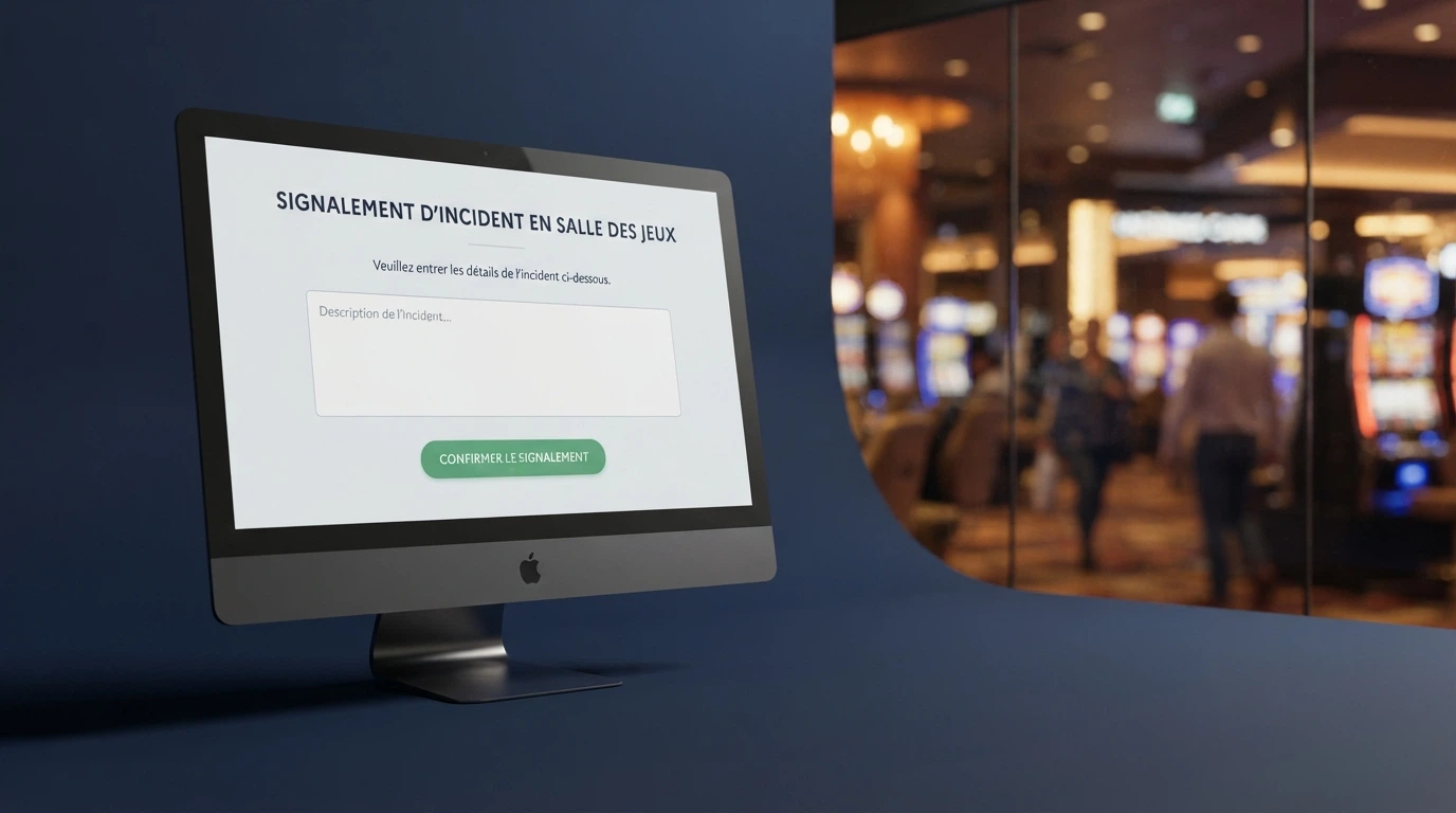 Un écran d'ordinateur affichant une interface de déclaration officielle, une salle de casino floue en arrière-plan