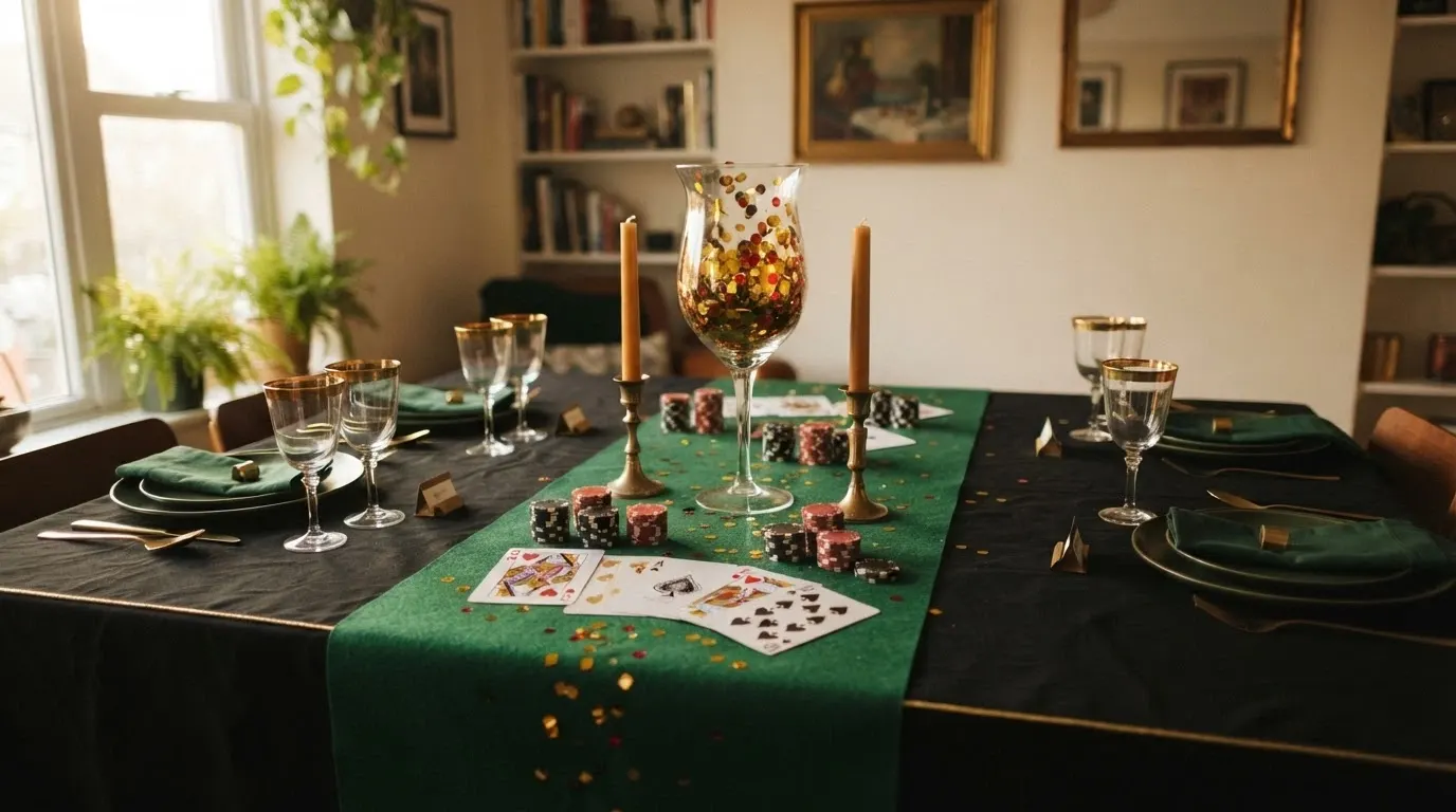 Une table de fête décorée aux couleurs noir, rouge et or avec des cartes à jouer géantes, des jetons de poker et un centre de table élégant