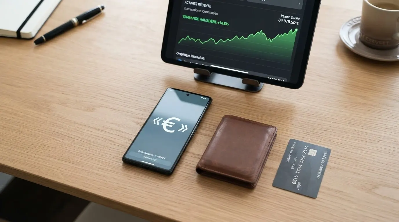 Un téléphone posé à côté d'un portefeuille, d'une carte bancaire et d'un écran affichant une transaction en crypto, le tout sur un fond de bureau