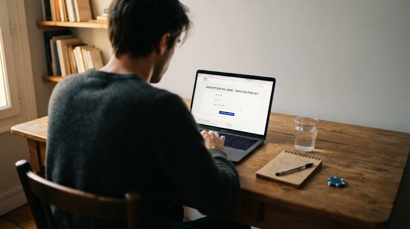 Une main remplissant un formulaire en ligne sur un écran, à côté une enveloppe timbrée et une lettre manuscrite, illustrant les deux voies de levée