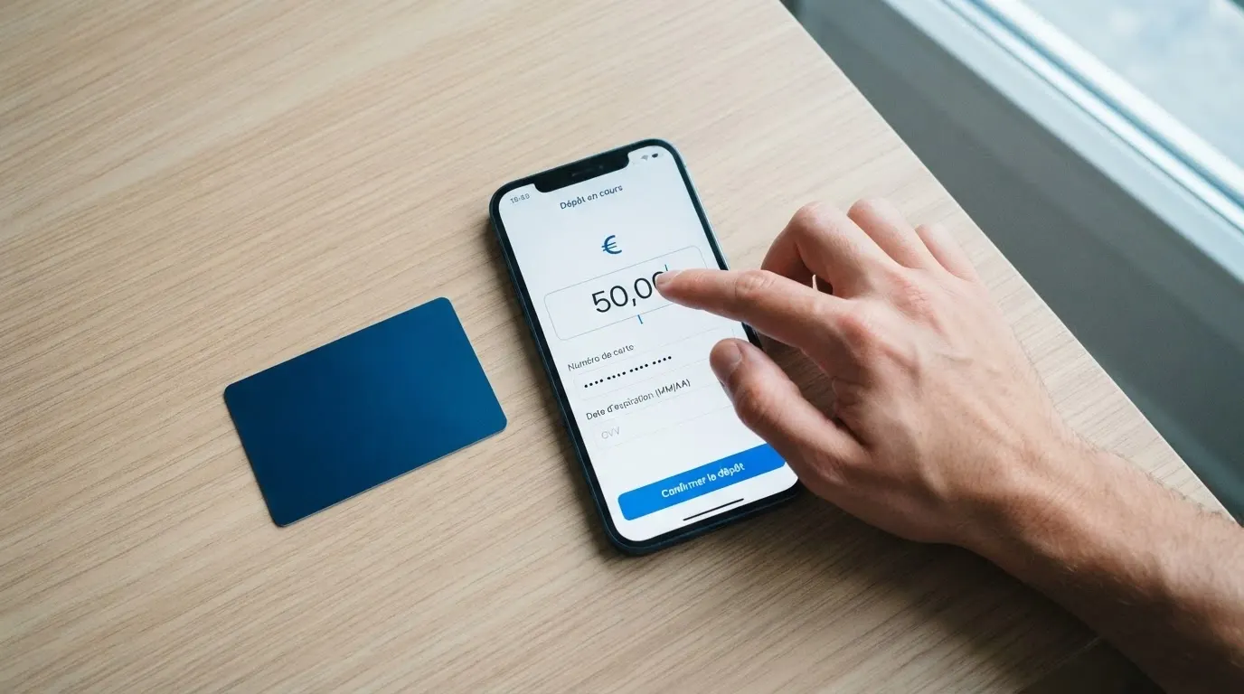 Interface de dépôt d'un casino en ligne affichant le formulaire de saisie des données de carte bancaire Mastercard avec le montant du dépôt et le logo 3D Secure
