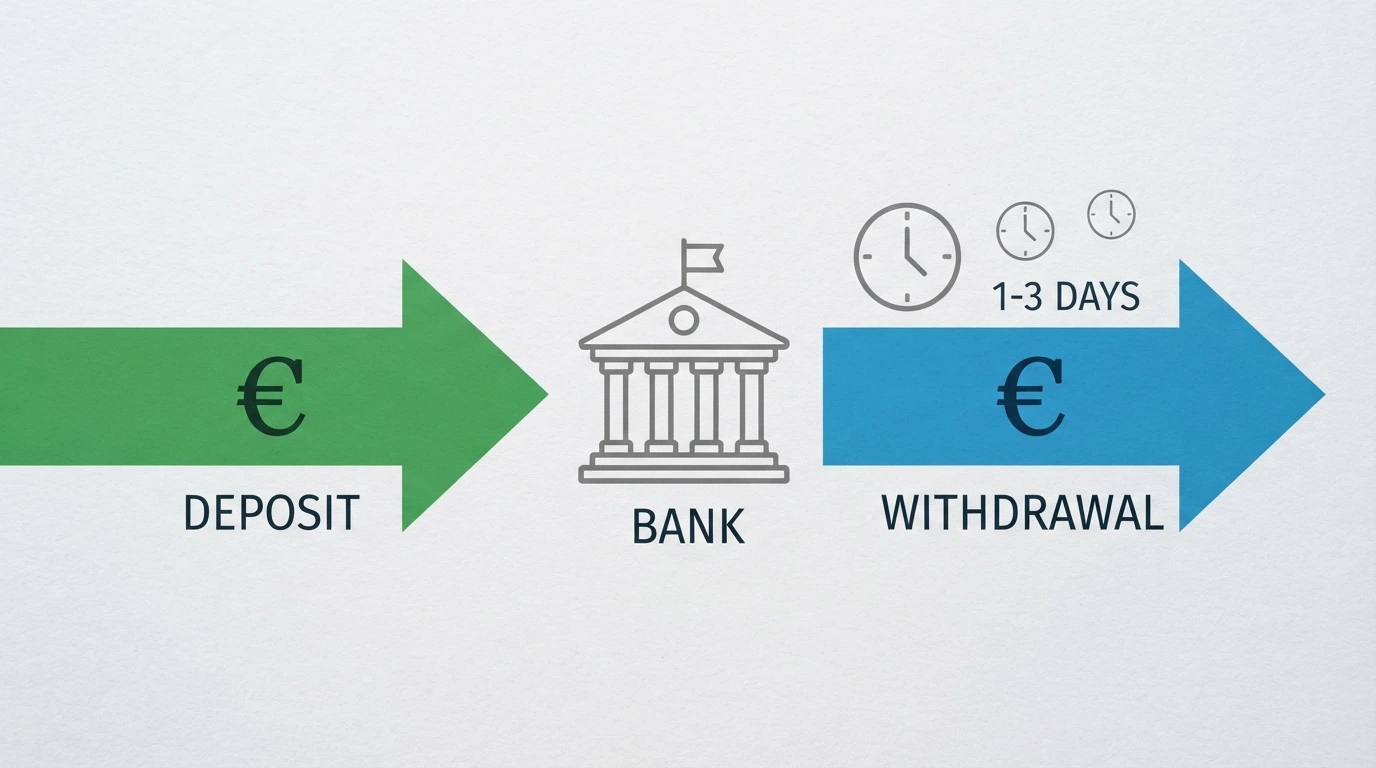 Schéma comparatif montrant deux flèches : une flèche « dépôt CB » entrante en vert et une flèche « retrait SEPA » sortante en bleu, avec l'icône d'un compte bancaire au centre