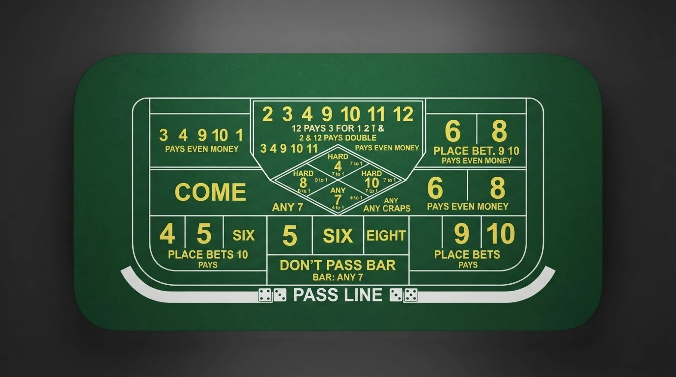 Vue aérienne du layout complet d'une table de craps avec les zones de mise légendées : Pass Line, Don't Pass, Come, Field, Place bets et Hardways