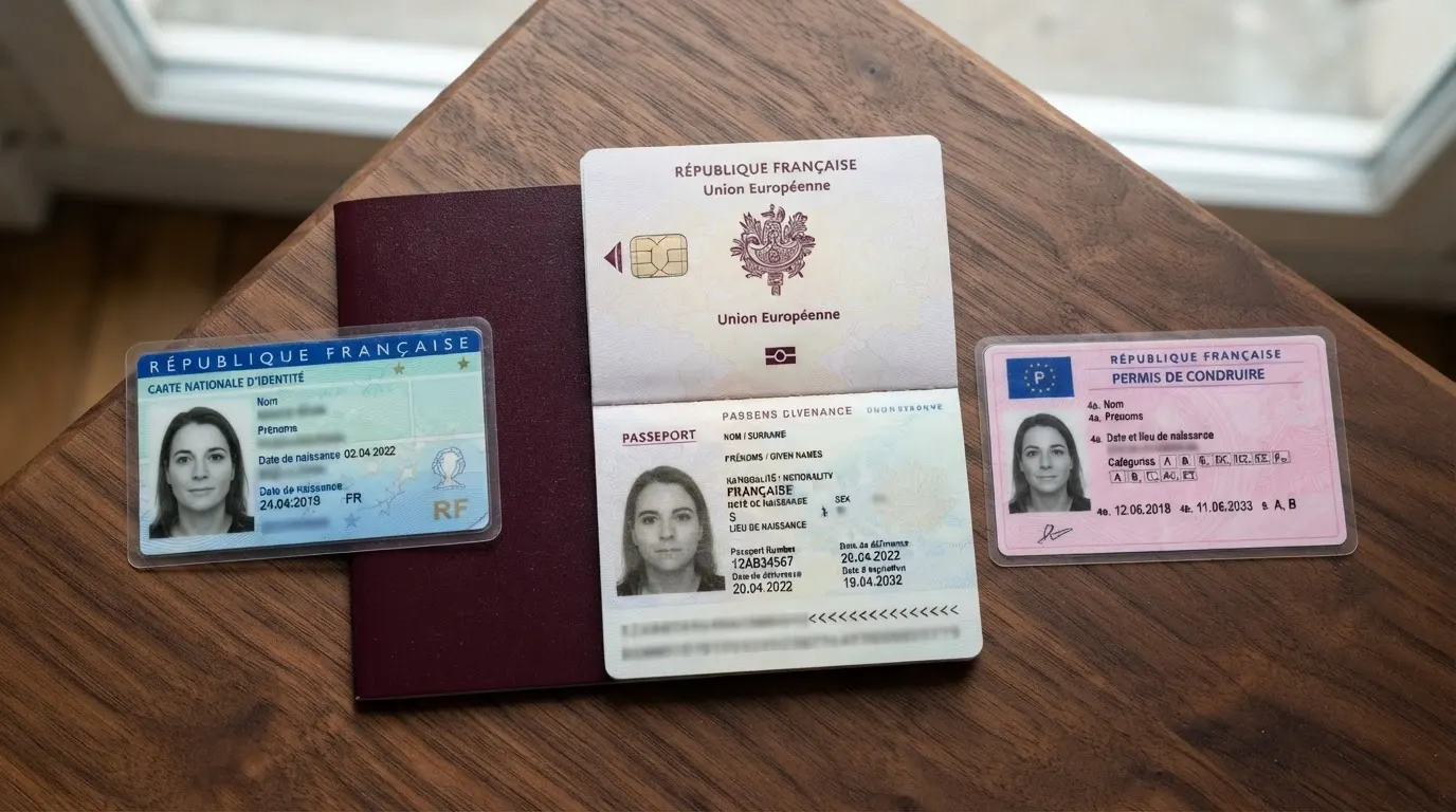 Trois documents d'identité français disposés côte à côte sur une table : une carte nationale d'identité, un passeport et un permis de conduire