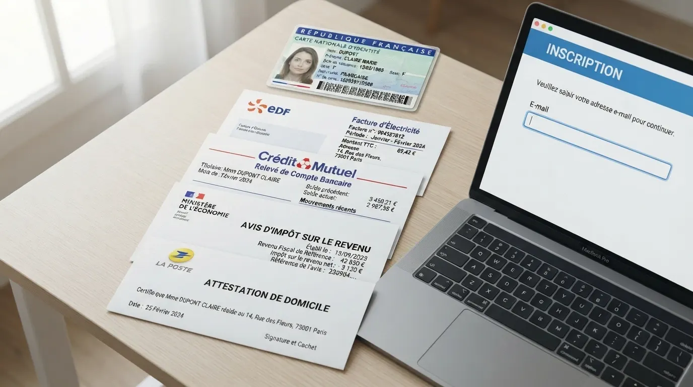 Une pile de documents — pièce d'identité, justificatif de domicile, RIB, avis d'imposition — posés à côté d'un écran affichant un formulaire d'inscription vide