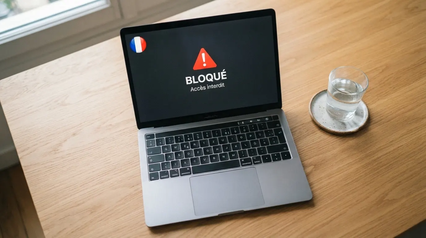 Un écran affichant un message de blocage administratif devant une interface de casino en ligne, avec un drapeau français en surimpression