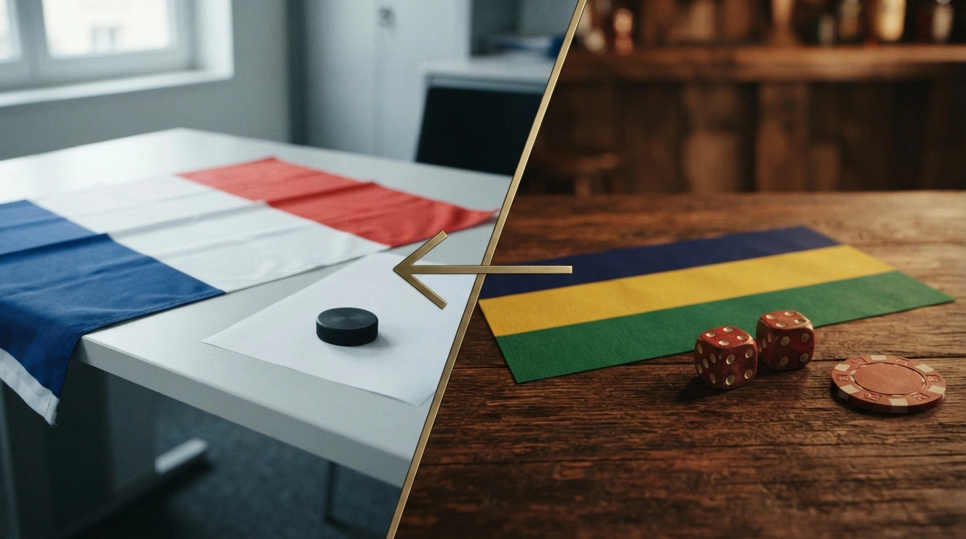 Un drapeau français barré d'un tampon « ANJ » d'un côté, un drapeau Curaçao de l'autre, reliés par une flèche symbolisant le choix du joueur