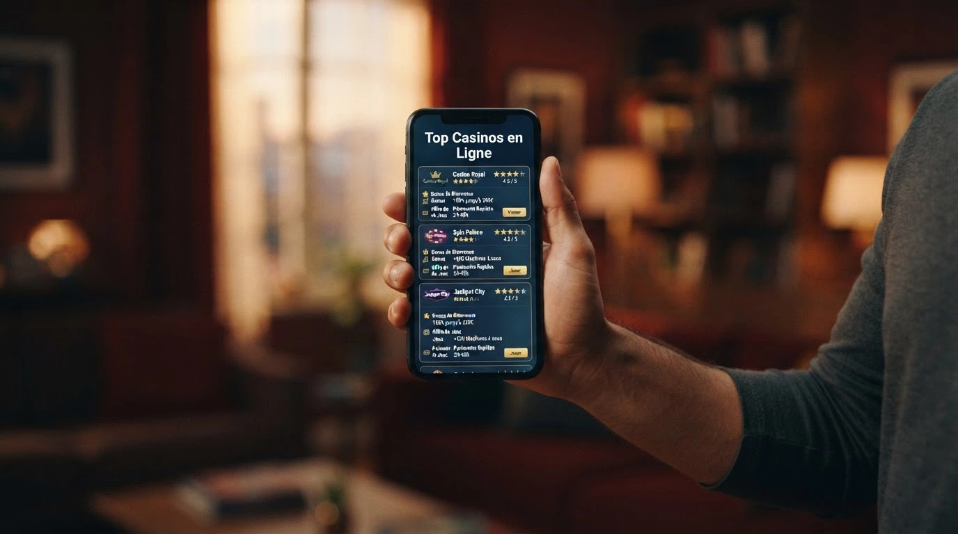 Écran de smartphone affichant un tableau comparatif de casinos en ligne avec des notes, des étoiles et des colonnes de critères