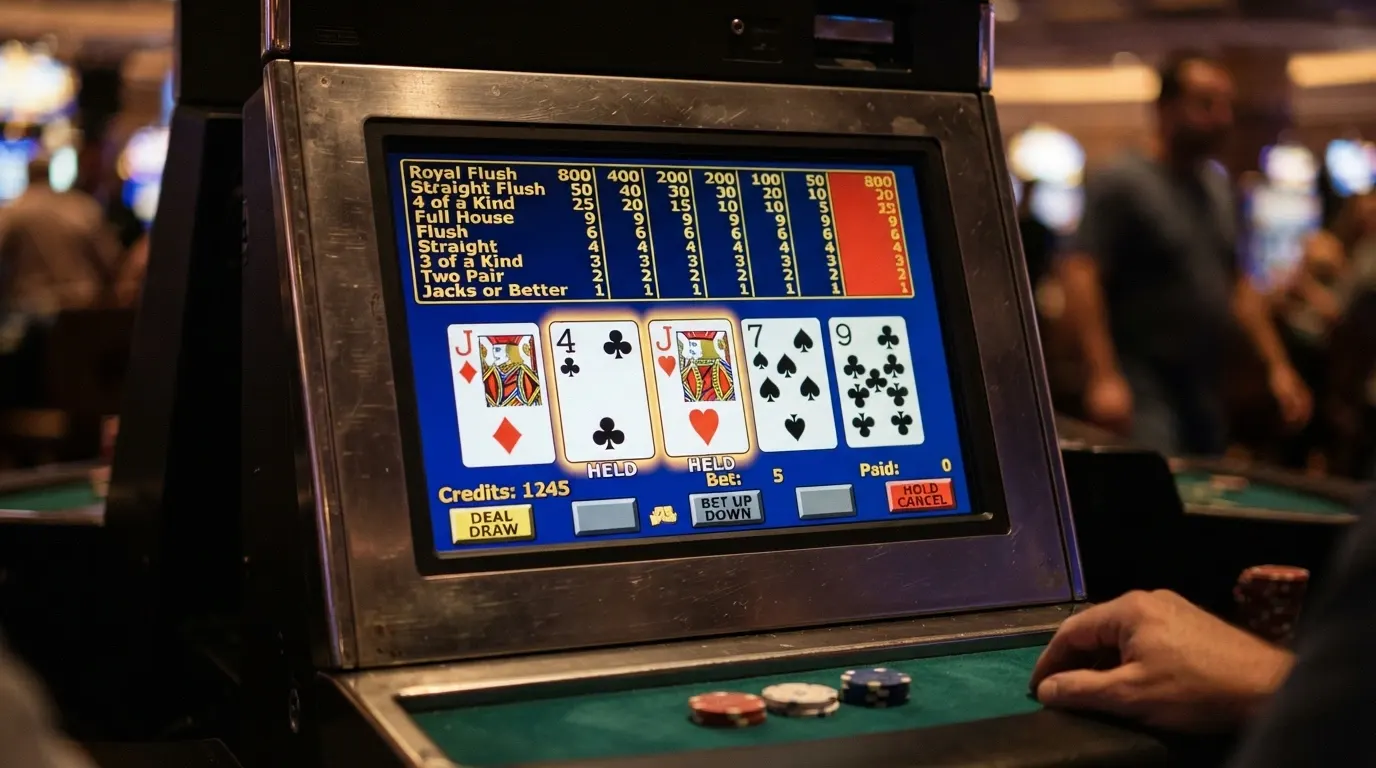 Écran de video poker Jacks or Better affichant une paytable 9/6, main gagnante en surbrillance, interface de casino en ligne