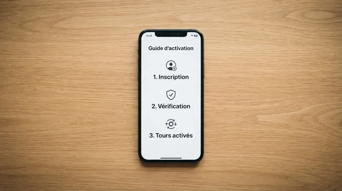 Schéma illustrant les étapes pour activer des free spins sans dépôt : inscription, vérification du compte, activation des tours gratuits