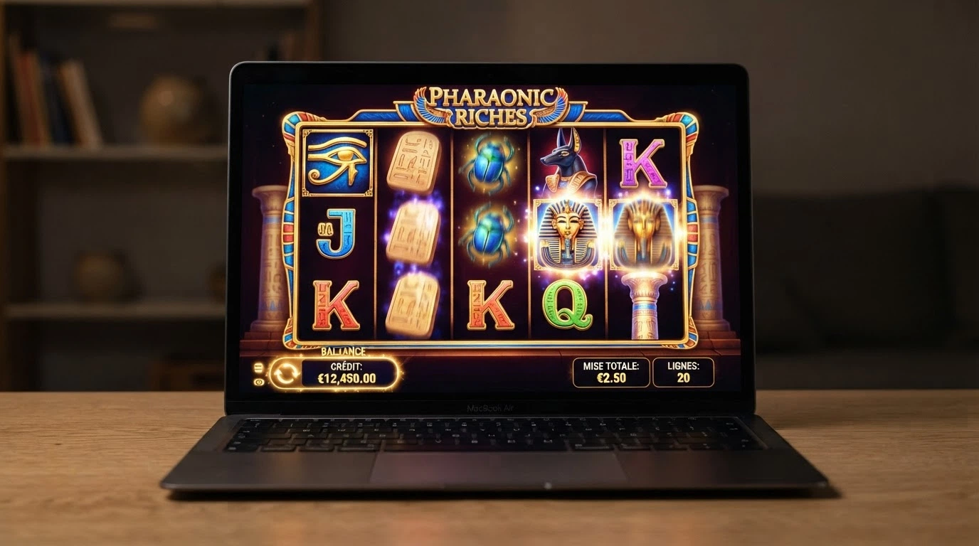 La machine à sous Eye of Horus de Merkur Gaming en mode démo sur navigateur, rouleaux visibles, interface en français