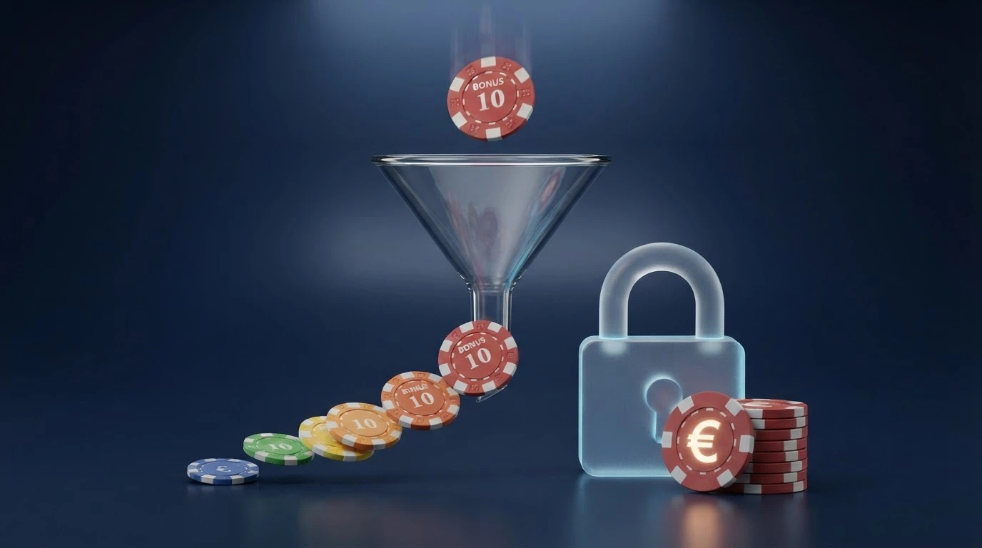 Infographie expliquant le mécanisme d'un bonus de dépôt à 500% : un dépôt de 20 €, un multiplicateur ×5, un fonds bonus de 100 €, et le verrou du wager qui conditionne le retrait