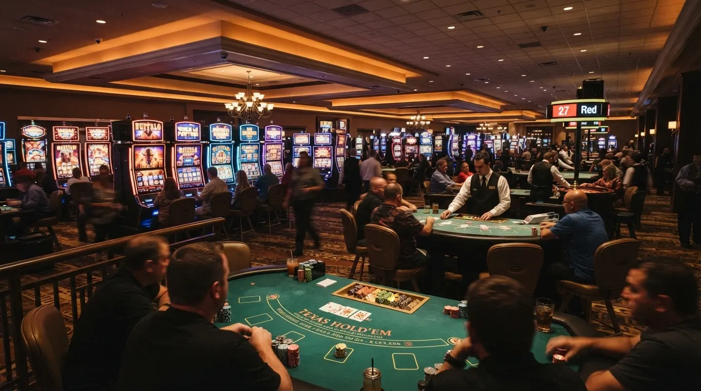 Quatre tables de jeu côte à côte — un tapis de poker, une rangée de machines à sous, une table de blackjack et une roulette — dans une salle de casino