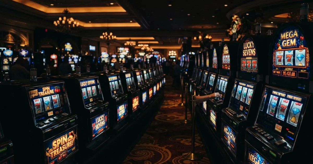 Une rangée de machines à sous lumineuses dans une salle de casino, écrans colorés affichant des rouleaux de symboles.