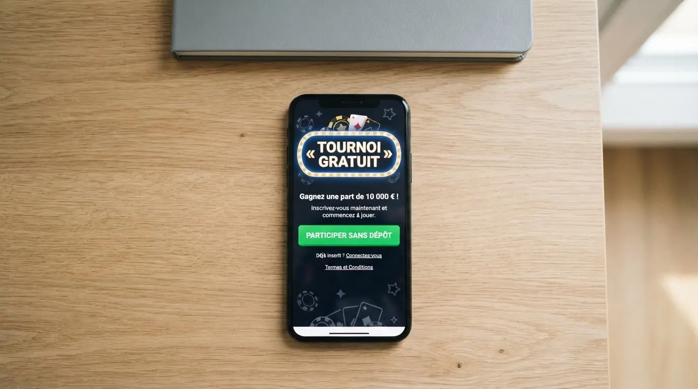Un bandeau d'inscription « Tournoi gratuit » sur l'écran d'un casino en ligne, avec un bouton « Participer sans dépôt »