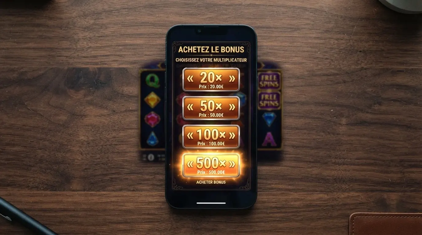 Interface de sélection des paliers d’achat de bonus sur une machine à sous, montrant plusieurs options de coût (20×, 50×, 100×, 500× la mise)