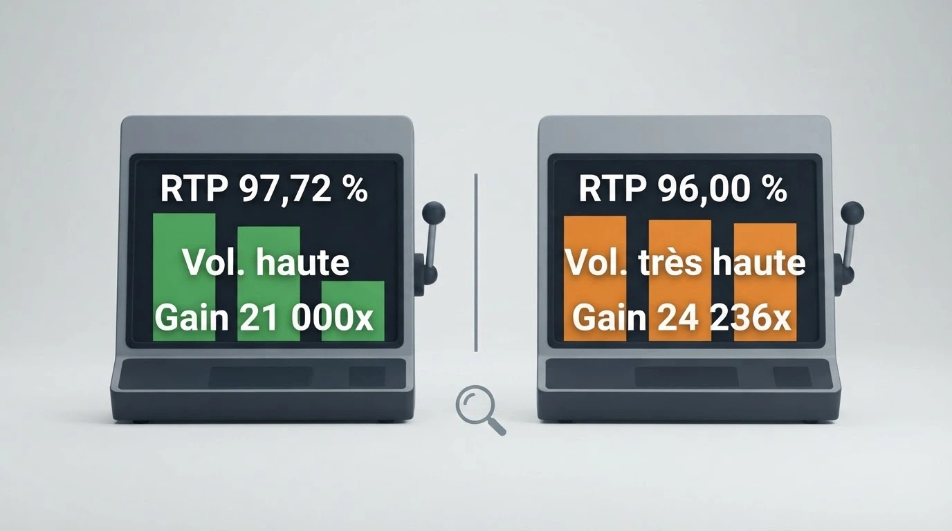 Une comparaison visuelle de deux machines à sous Megaways côte à côte avec leurs fiches techniques simplifiées : RTP, volatilité et gain maximum