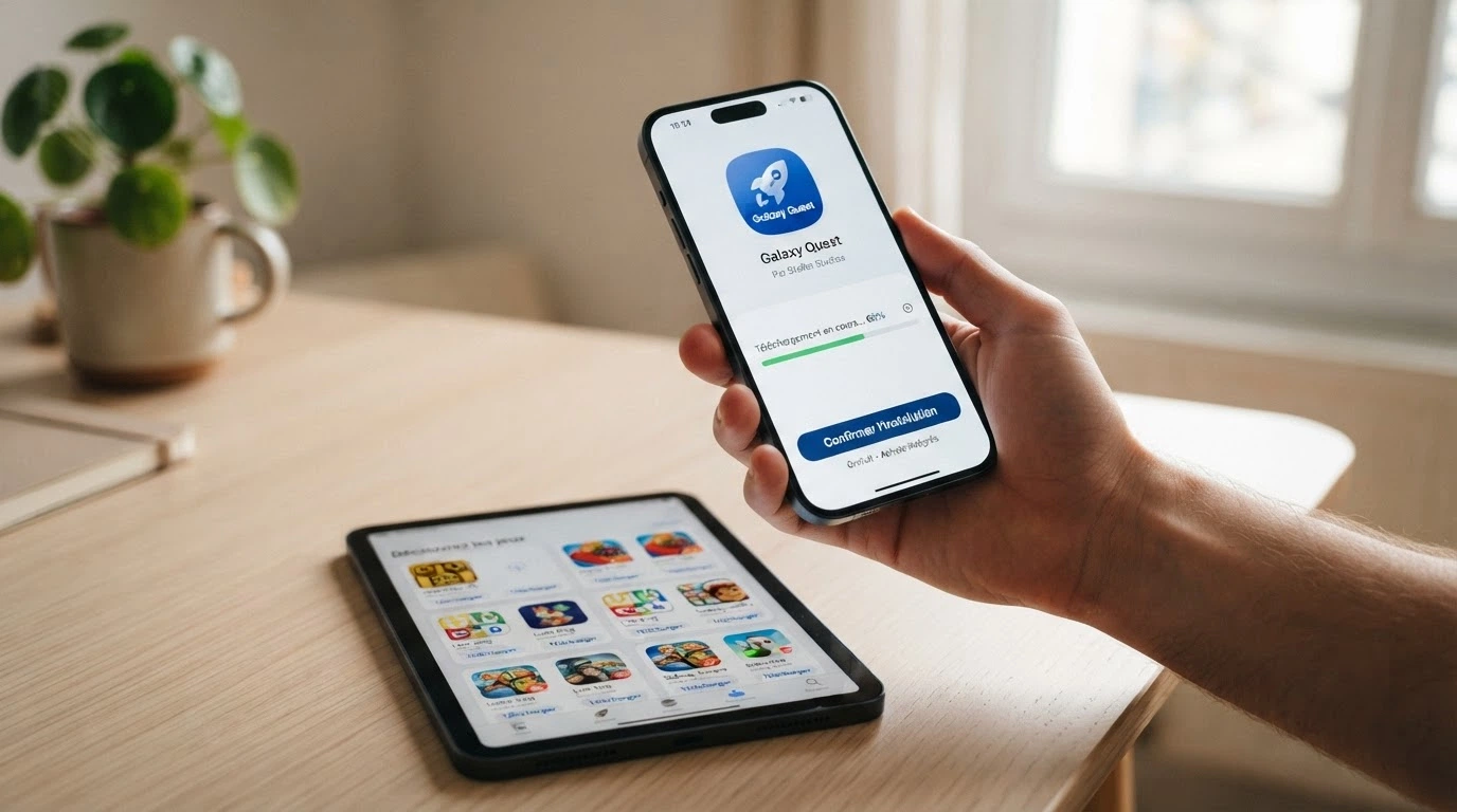 Main tenant un téléphone affichant l'écran de téléchargement d'une application de jeu, avec les logos de l'App Store et du Play Store visibles en vignettes latérales