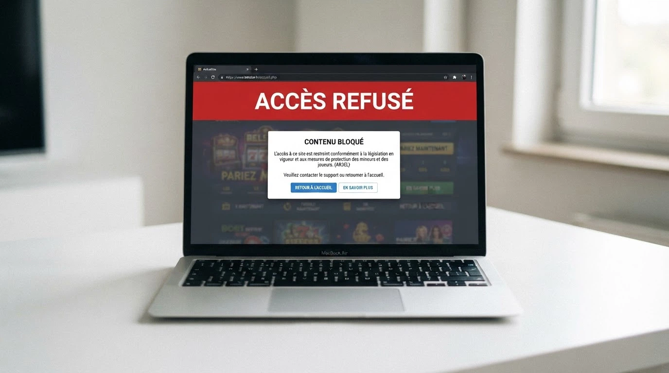 Le logo de l'ANJ et une liste de sites bloqués sur un écran