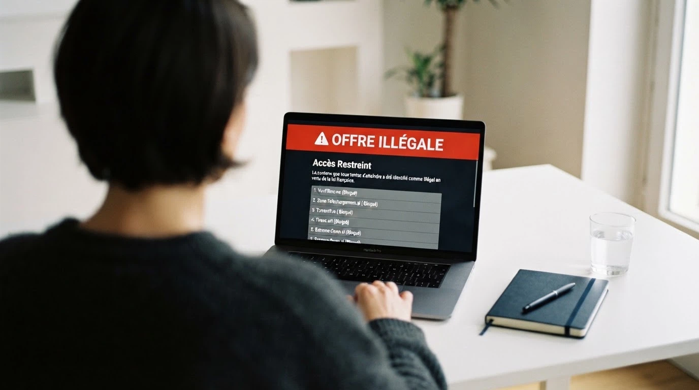 Page du site anj.fr affichant la mention « offre illégale » et la liste des sites bloqués par l'Autorité nationale des jeux