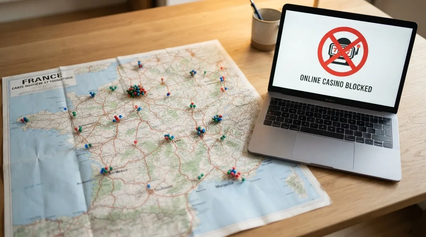 Une carte de la France sur laquelle les casinos terrestres sont figurés par des points, tandis qu'un écran barré d'un symbole d'interdiction représente l'offre en ligne.