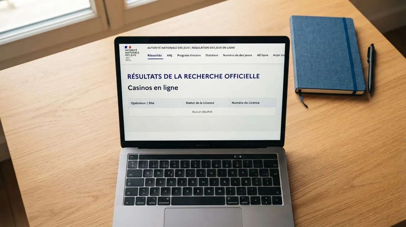 Capture d'écran du registre officiel des opérateurs agréés de l'ANJ avec une loupe posée sur la catégorie « casinos en ligne » montrant l'absence d'agrément